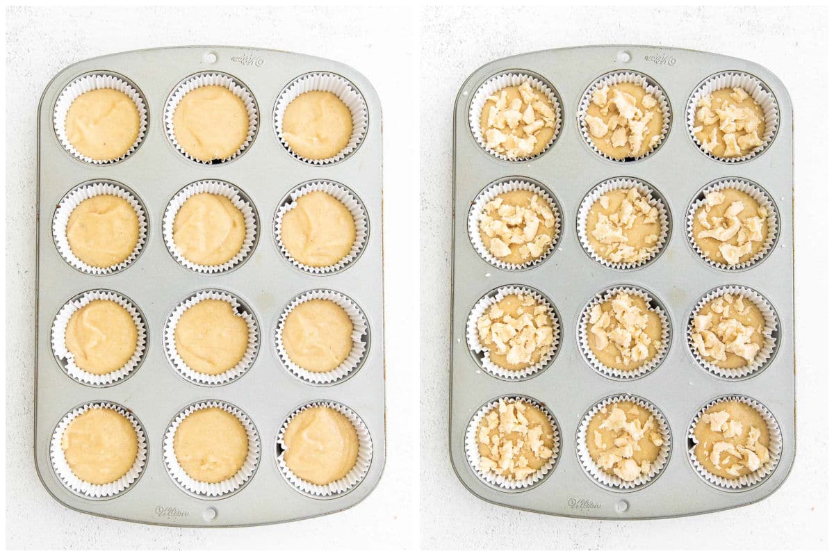 12 hole muffin tin filled with vanilla cupcake batter