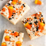 four pieces of halloween fudge on white parchment paper