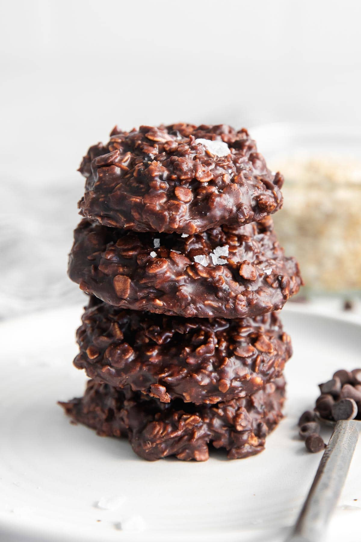 stack of four no bake chocolate oatmeal cookies