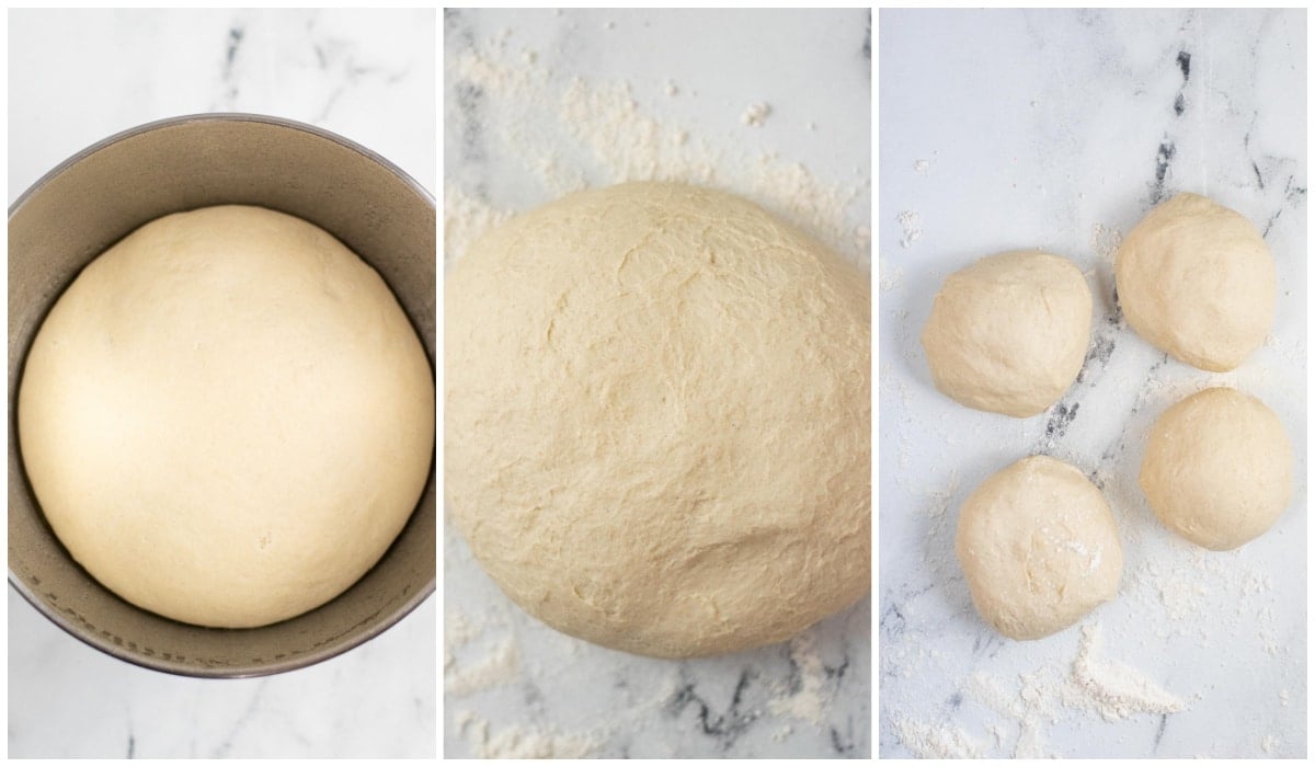 risen pretzel dough in a big bowl and on a floured counter