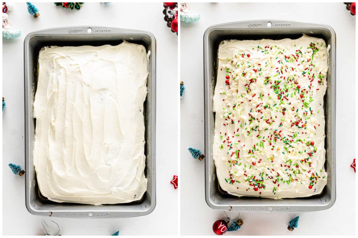 rectangle red velvet cake with cream cheese frosting and red and green sprinkles in a 9x13 baking pan
