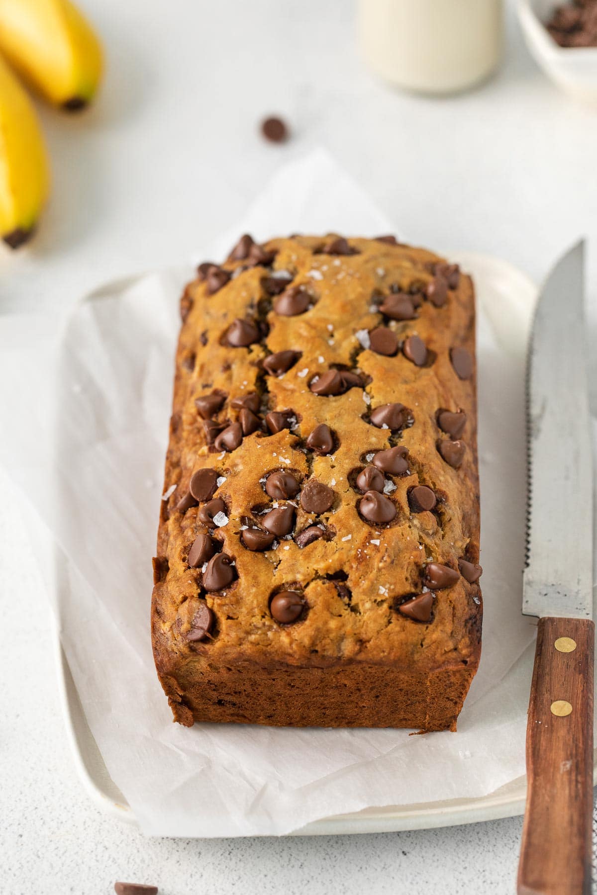 chocolate chip bread on a white plate