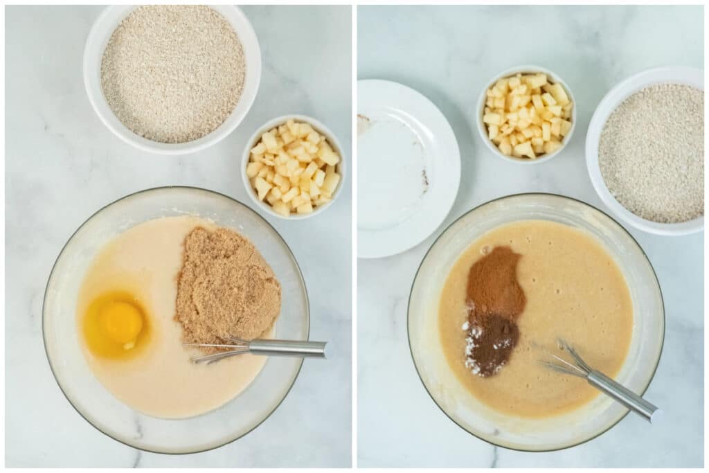 glass mixing bowl with batter topped with egg and brown sugar and spices