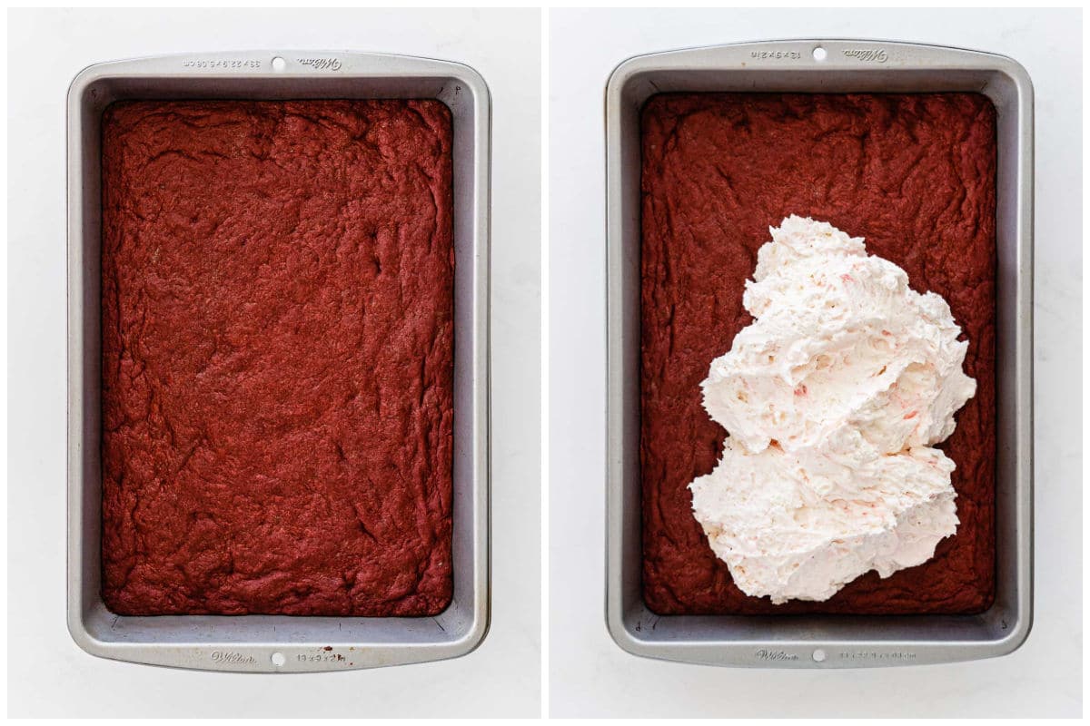 red velvet cake in a rectangle baking pan topped with cream cheese mixture