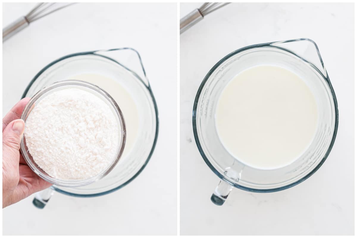 vanilla pudding mixture in a glass measuring bowl