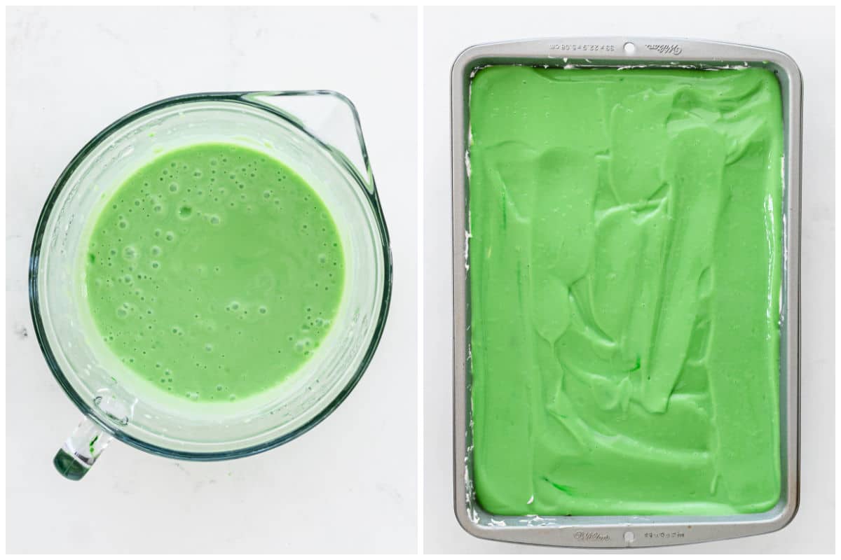 green pudding mixture in a glass measuring cup and spread over a cake pan