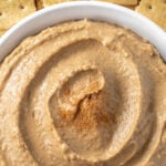 closeup of hummus in a white bowl with cinnamon sprinkled on top