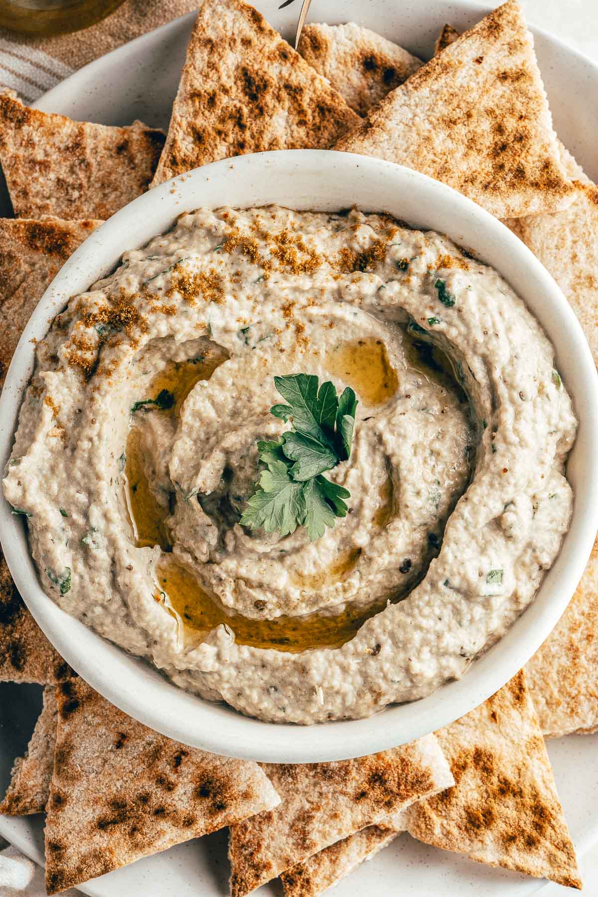 closeup of baba ganough eggplant dip drizzle with olive oil and surrounded by pita bread