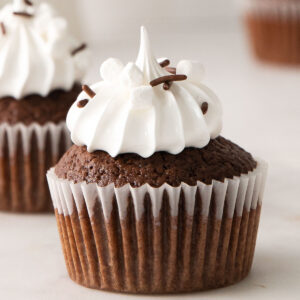 chocolate cupcake withe marshmallow frosting topping with chocolate sprinkles and mini marshmallows
