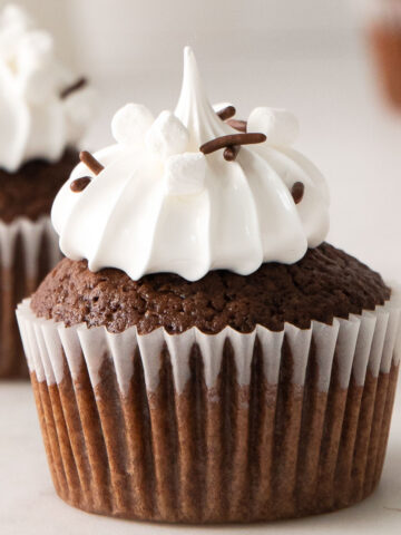 chocolate cupcake withe marshmallow frosting topping with chocolate sprinkles and mini marshmallows