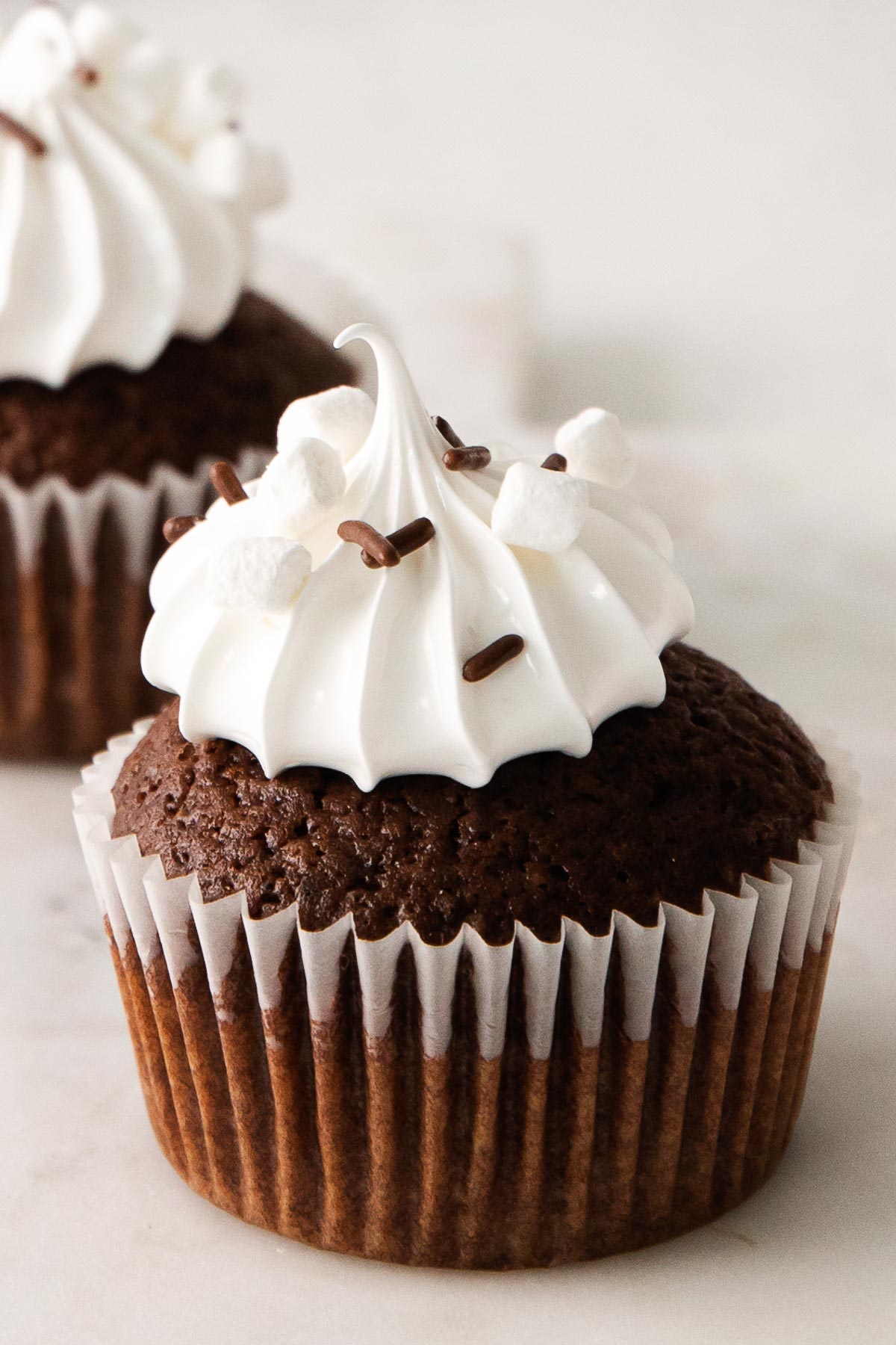 closeup of marshmallow frosting on a chocolate cupcake topped with mini marshmallows and chocolate sprinkles
