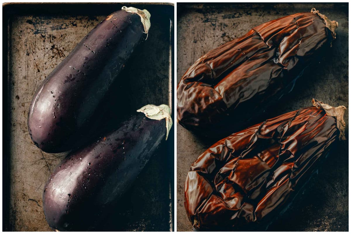 eggplant on a baking sheet uncooked and then baked