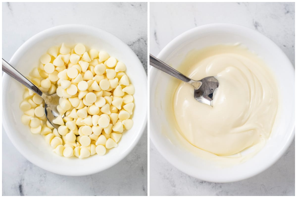 white chocolate chips melted in a white bowl 