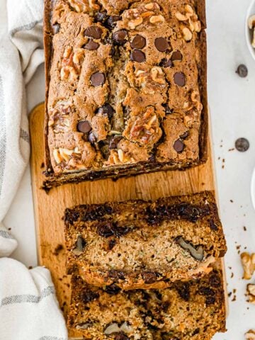 closeup of chocolate chip zucchini bread with two slices cut off