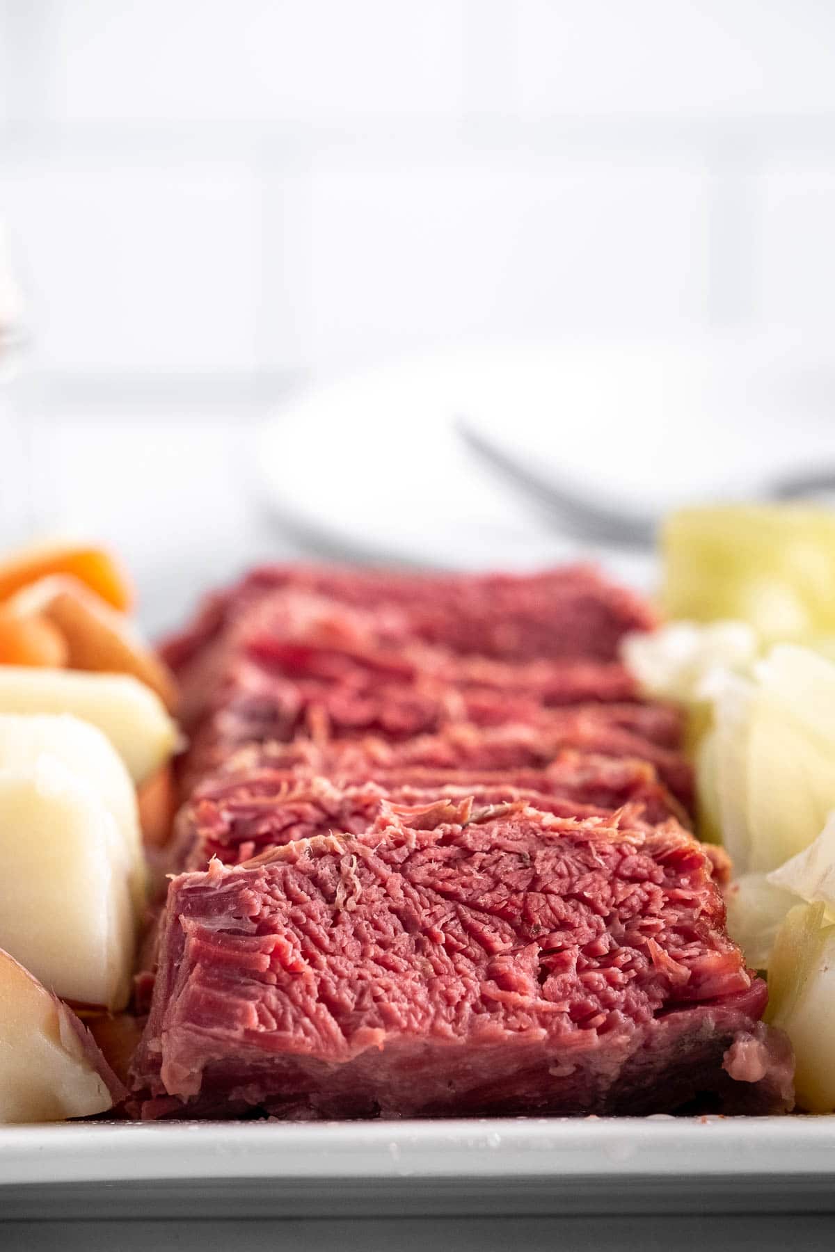 closeup of slices of corned beef