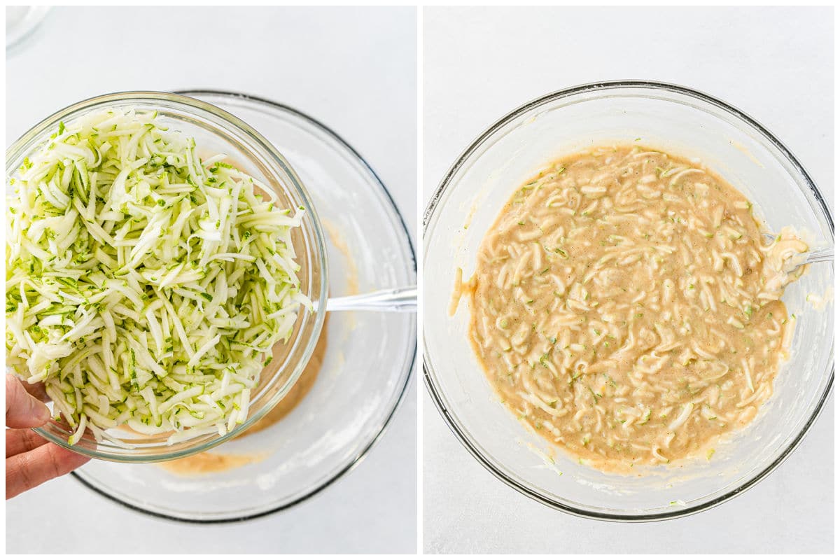 shredded zucchini being added to bread batter and mixed in