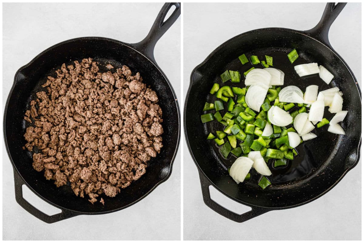 cast iron skillet with ground beef and green peppers and onionsraw 