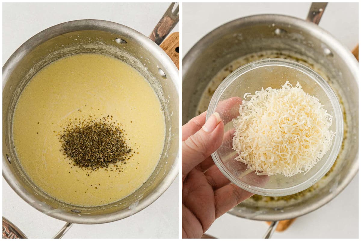 Italian seasoning and parmesan cheese being added to creamy butter sauce