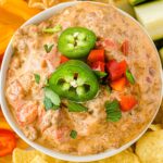 closeup of rotel cheese dip topped with jalapenosin a white bowl