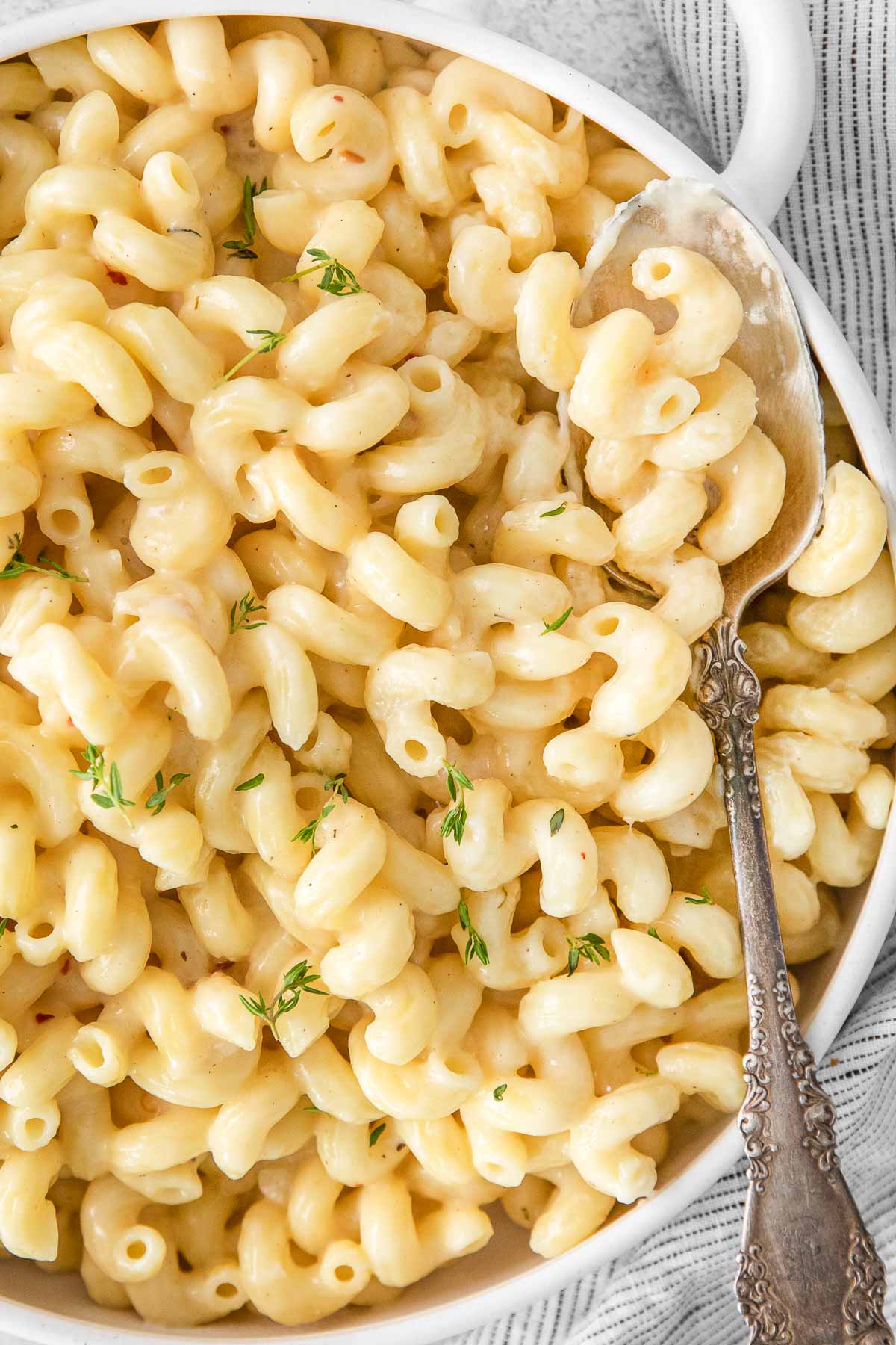 closeup of homemade mac and cheese in a big shallow white bowl