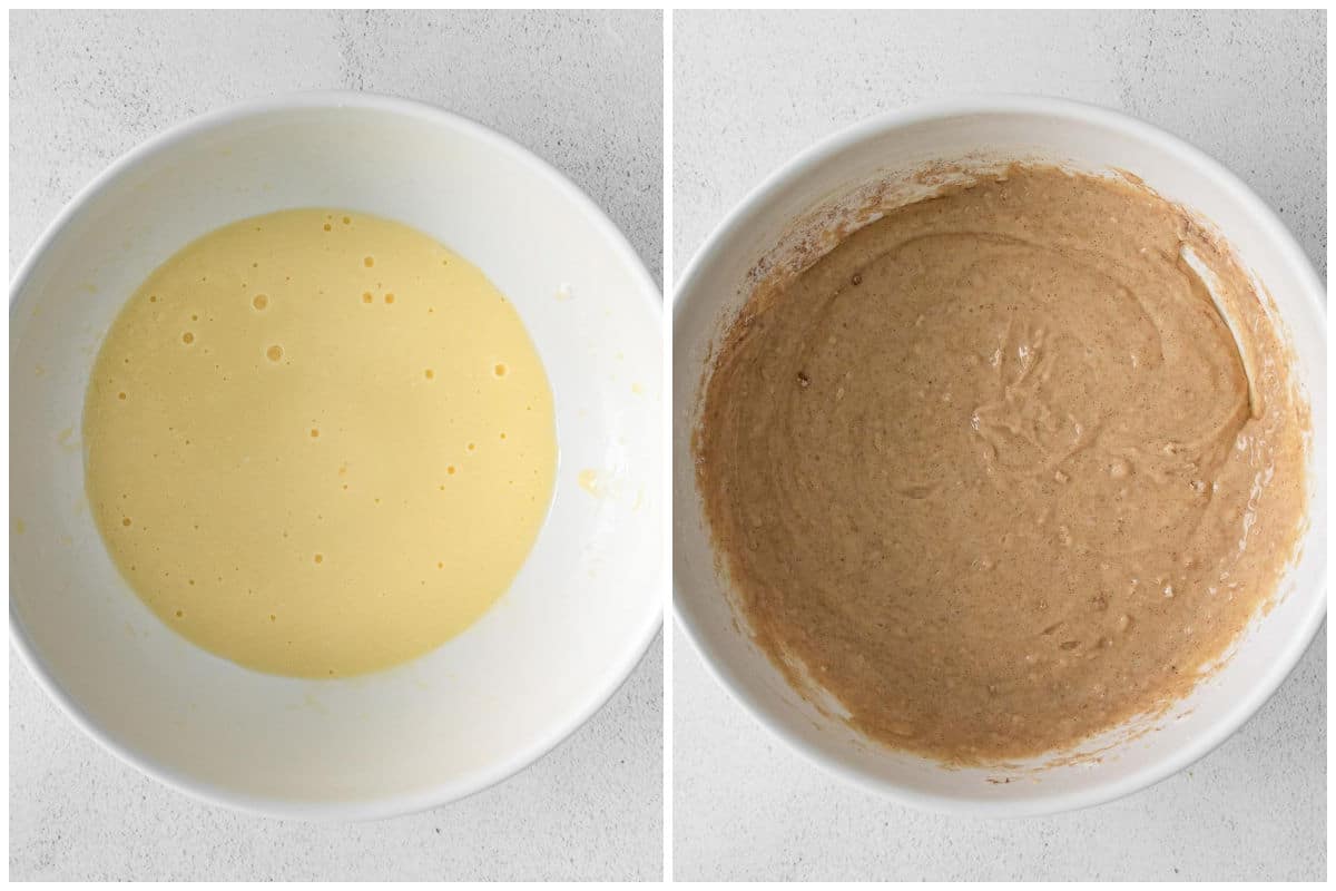 white mixing bowl with egg mixture and batter 