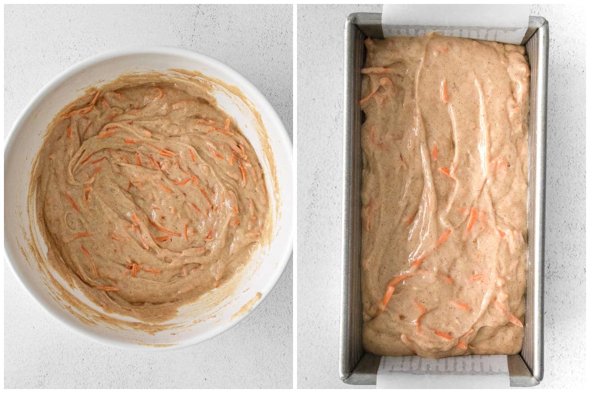 white bowl with carrot cake bread batter and batter poured into a loaf pan