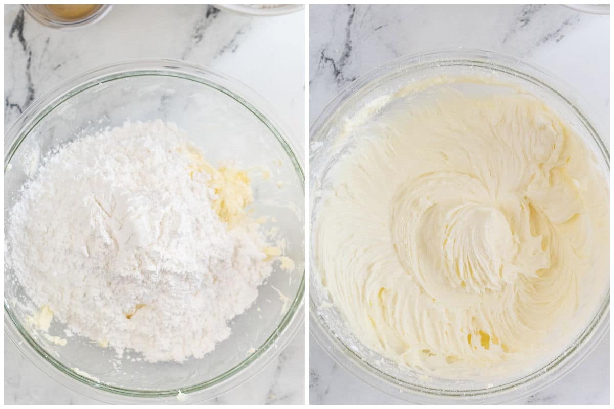 large mixing bowl with powdered sugar being blended into butter and cream cheese mixture