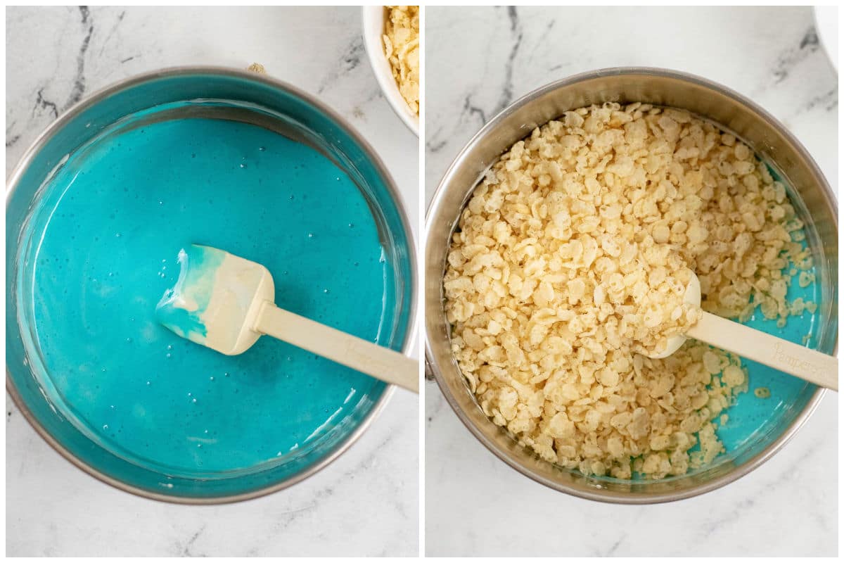 large pot with blue colored melted marshmallows with rice krispie cereal being added in