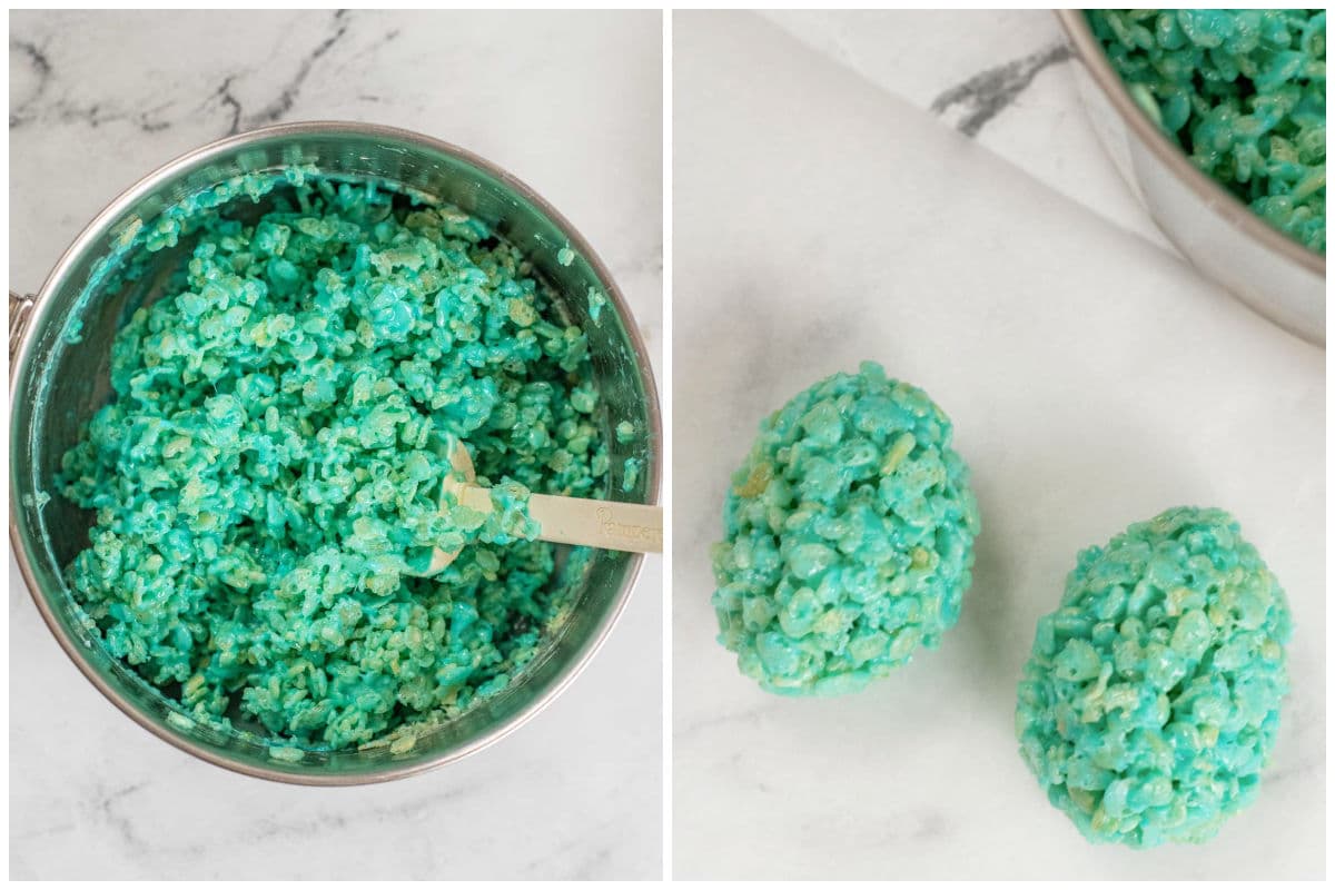 blue colored rice krispie and marshmallow mixture in a pot and shaped into egg shaped treats