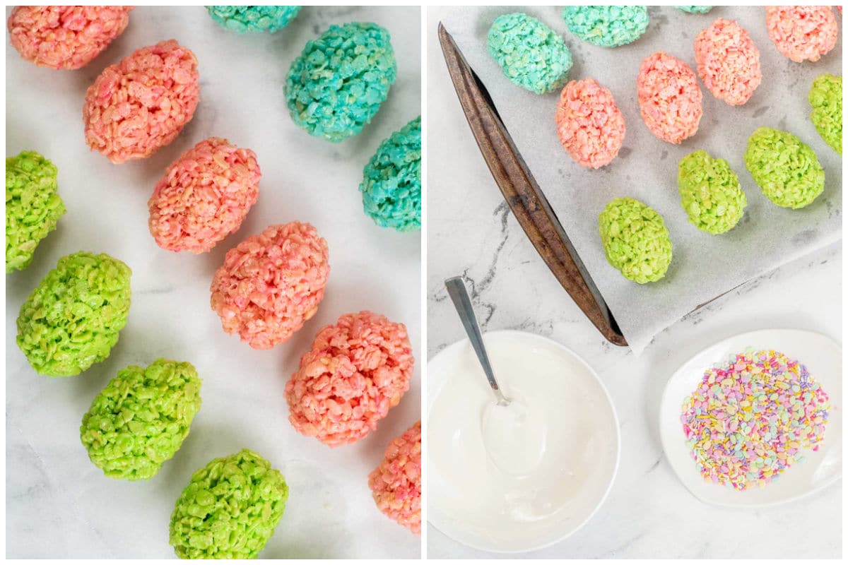 several egg shaped pink, green and blue egg shaped rice krispie treats in a row