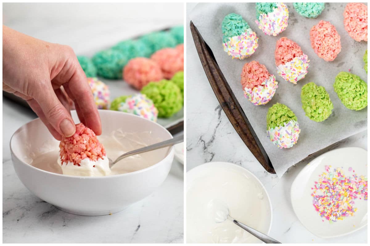 pink colored rice krispie treat being dipped in a bowl of white chocolate