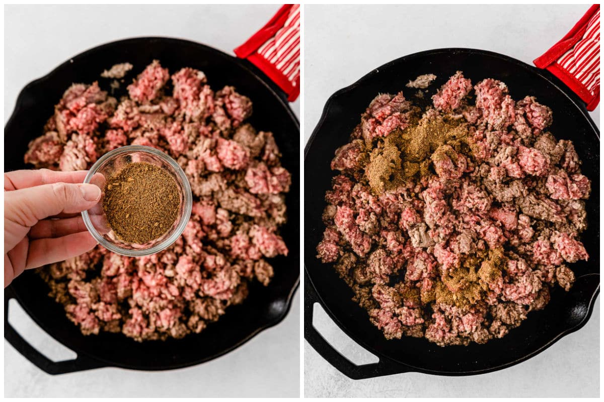 cast iron skillet with ground beef topped with spices