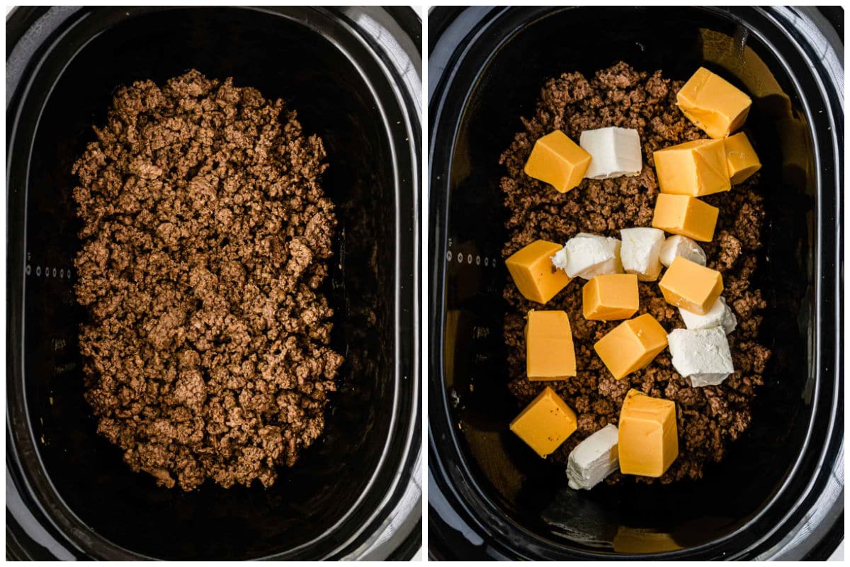 black crock pot with ground beef mixture topped with cubes of velveeta and ream cheese