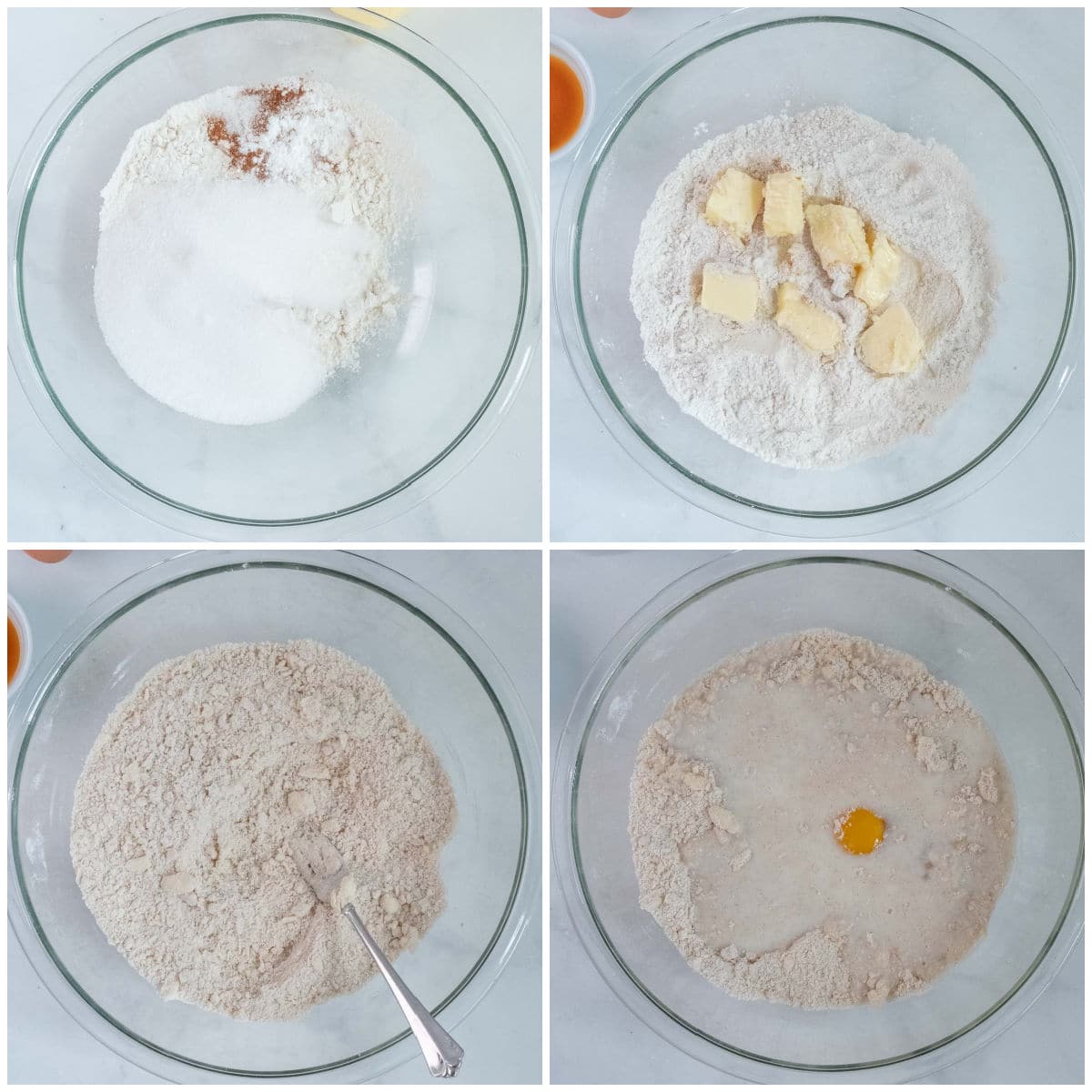 flour, sugar and butter being mixed together in a glass bowl