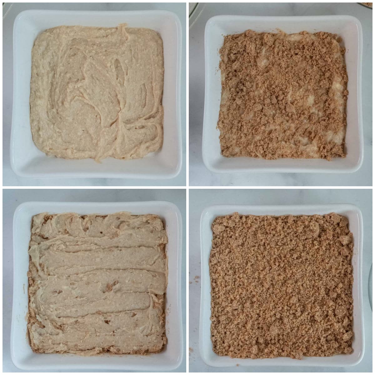 coffee cake batter and topping being spread into a white square baking dish