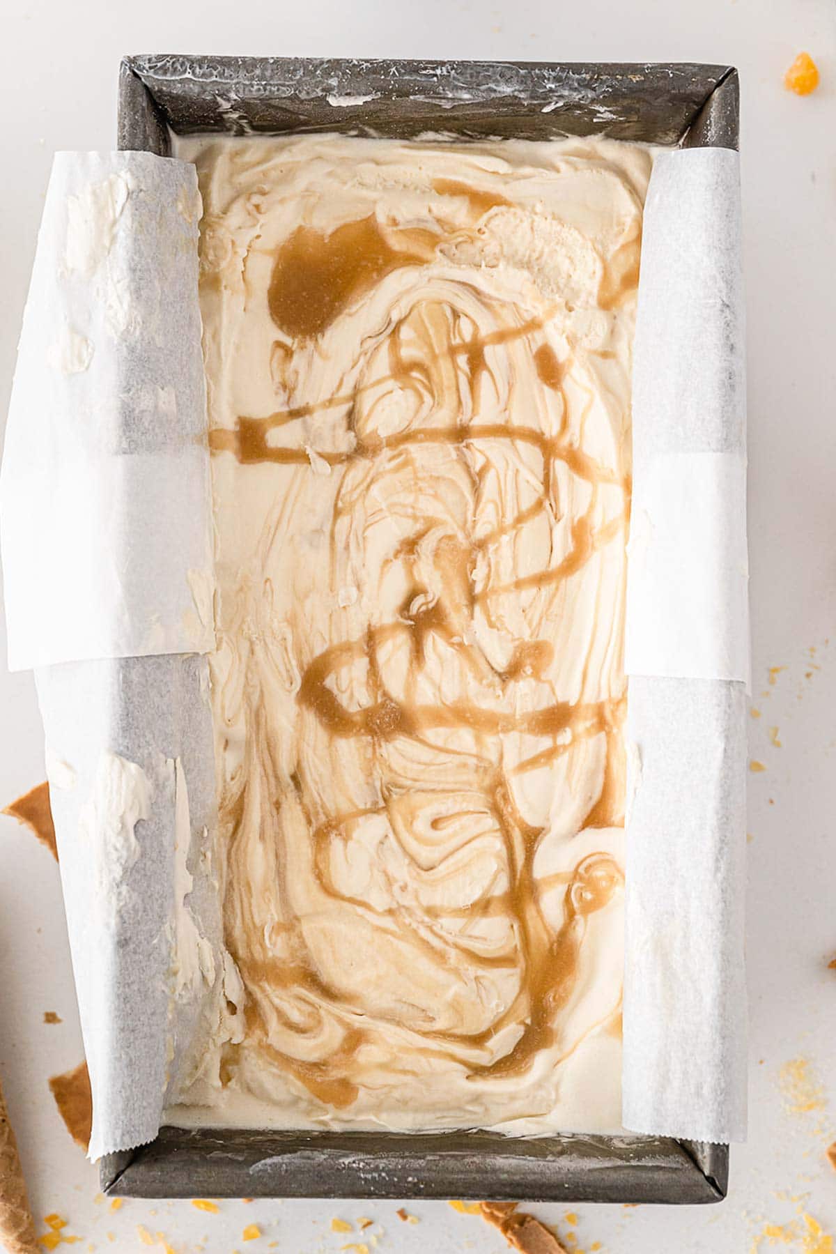 rectangle loaf pan with vanilla cream with butterscotch swirls