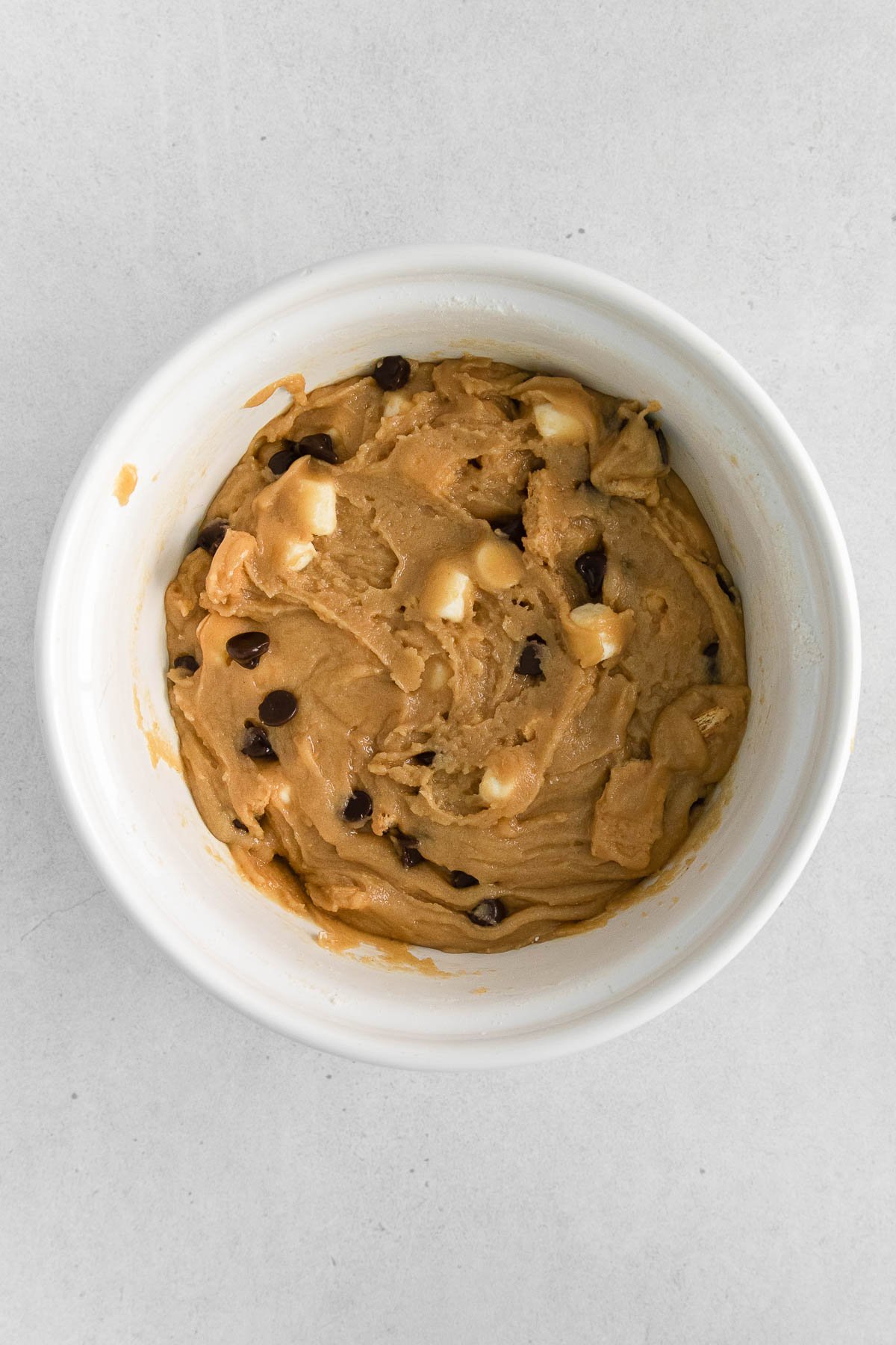 white mixing bowl with s'mores cookie dough