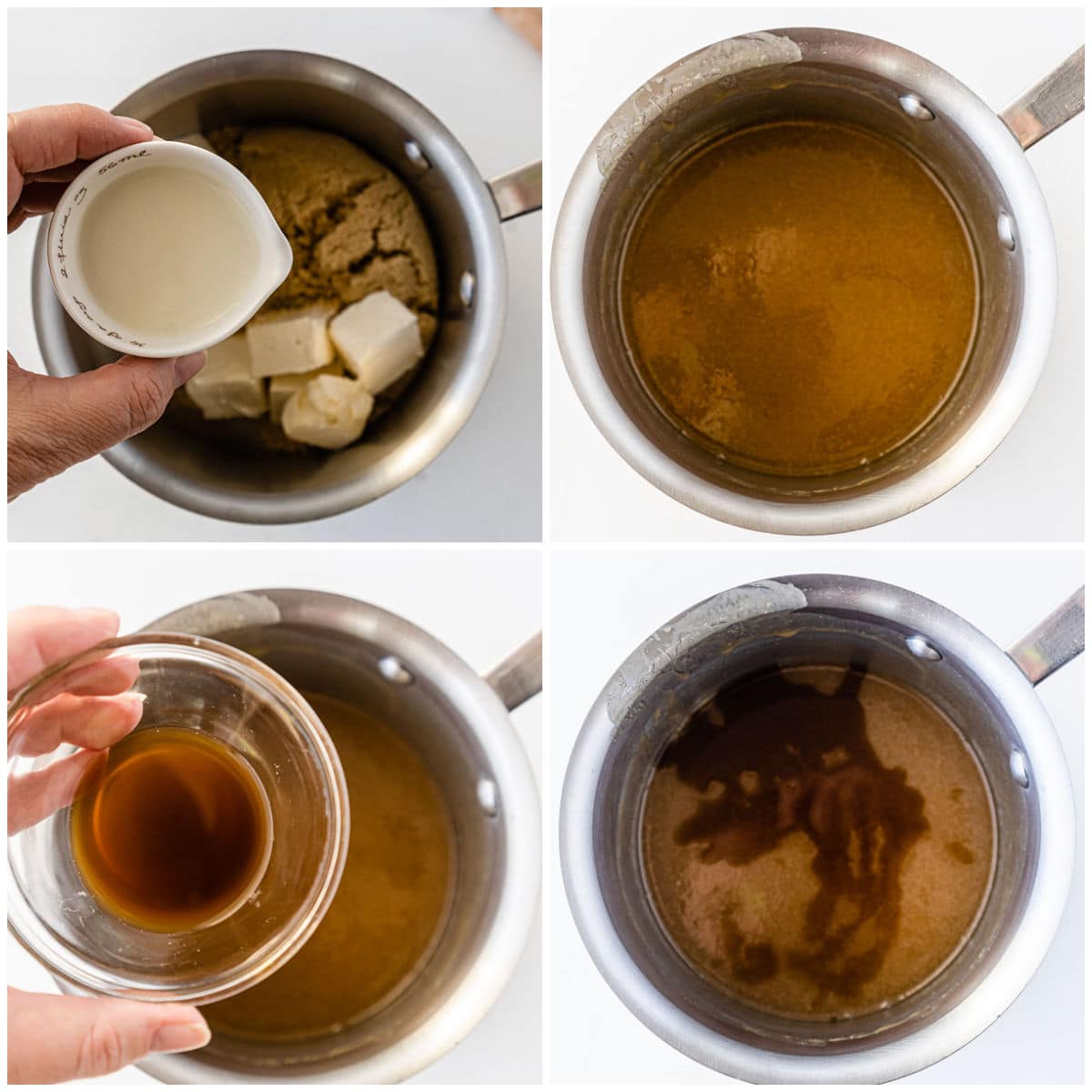 brown sugar, vanilla and heavy cream being mixing in a small sauce pan.