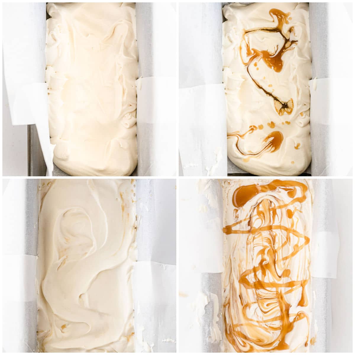 rectangle loaf pan with vanilla ice cream with butterscotch swirls drizzled all over.