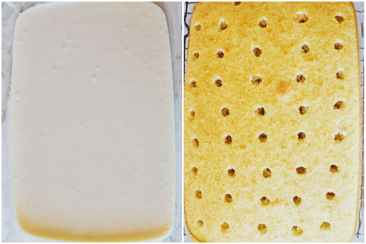 white cake mix batter poured in a rectangle glass baking dish and the baked cake with holes poked all over the top