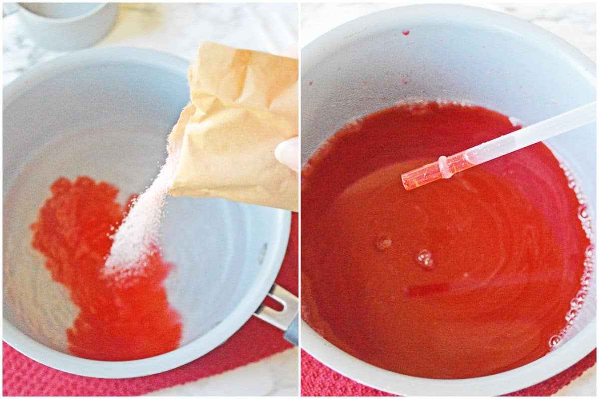 red jello powder being poured into a white bowl of water and in a plastic straw
