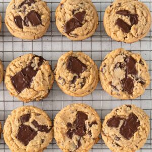 nine peanut butter chocolate chip cookies on a wire rack