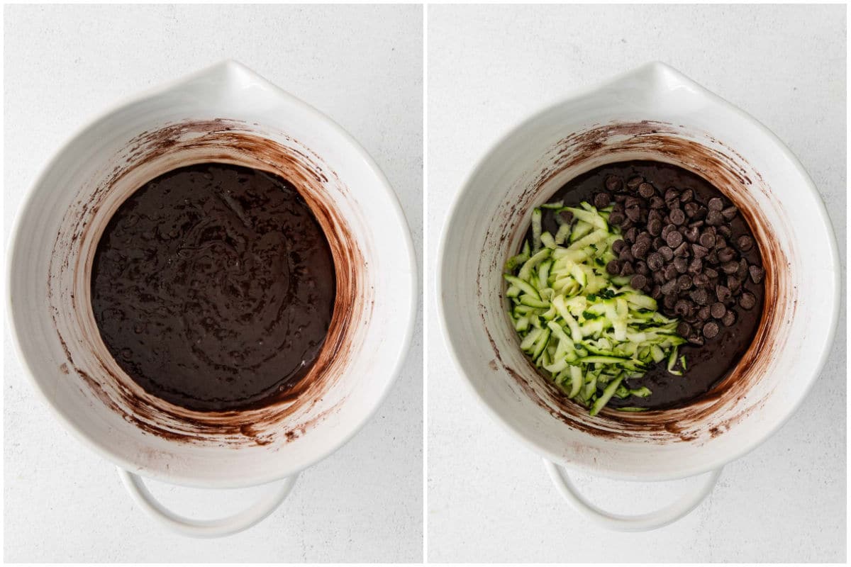 white mixing bowl with chocolate batter with shredded zucchini and chocolate chips added
