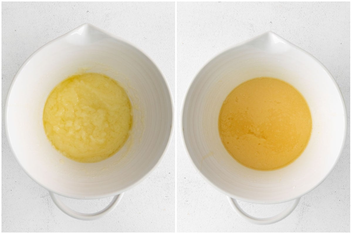 white mixing bowl with melted butter with egg and sugar mixed in