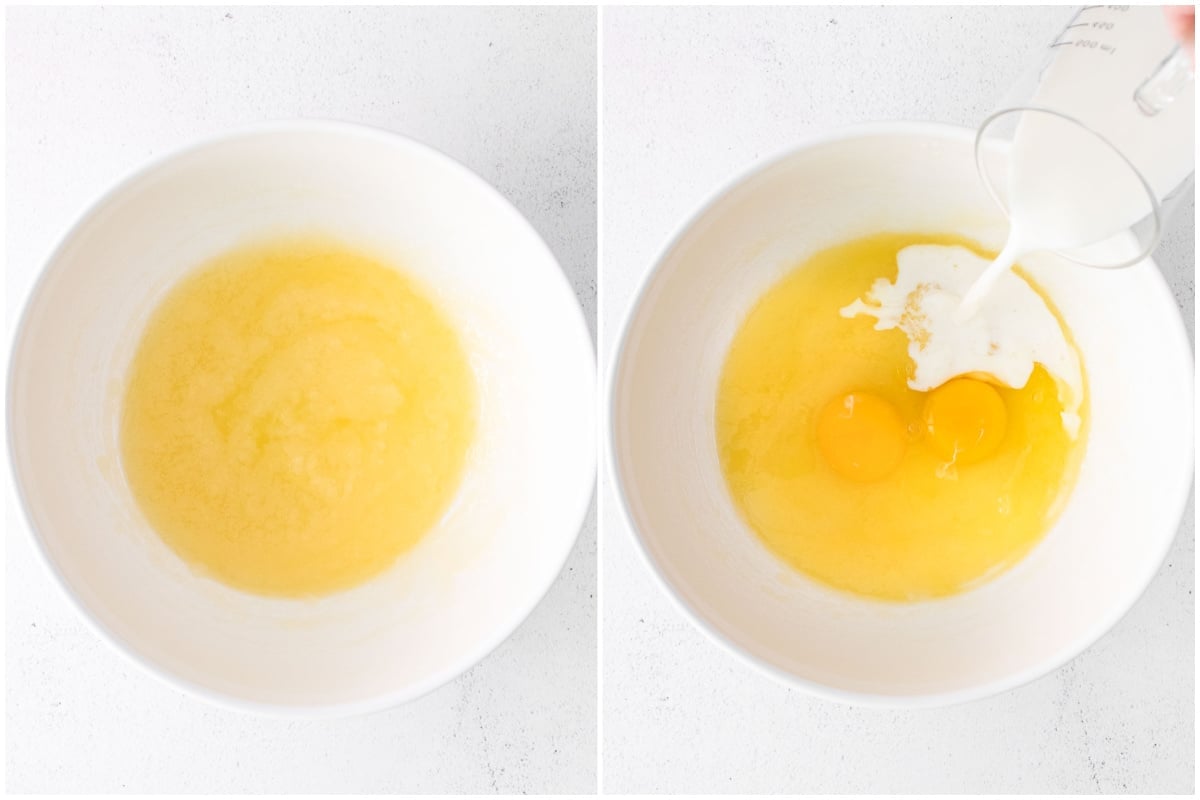 white bowl with melted butter and eggs with milk being poured into