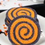 closeup of a black and orange halloween pinwheel sugar cookies