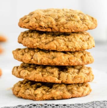 closeup of a stack of five pumpkin oatmeal cookies.