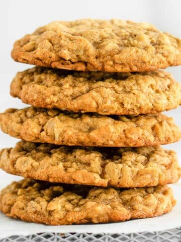 closeup of a stack of five pumpkin oatmeal cookies.