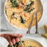 bowl of cheesy creamy soup with lasagna noodles, kale and carrots