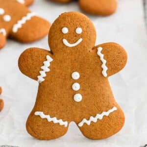 classic gingerbread man cookie with white frosting.